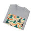 Psychedelic charcoal crew neck T-shirt with vibrant 70s-inspired ocean patterns