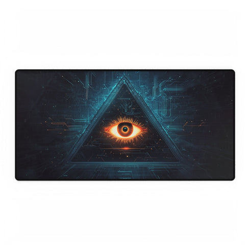 Glowing Eye in Pyramid with Circuit Lines — XL & XXL Desk Mat — Full Top-Down Artwork View