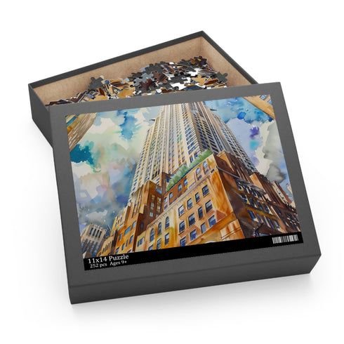 Chrysler Building watercolor puzzle showcasing iconic NYC landmark in vibrant colors.