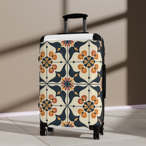 Handcrafted black artisan suitcase with seamless tile pattern for chic travel.