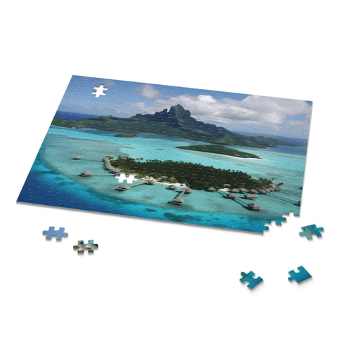 Bora Bora paradise jigsaw puzzle with clear blue waters & tropical foliage.
