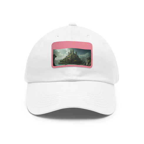 Stylish white cotton baseball cap with intricate Atlantis-inspired design.