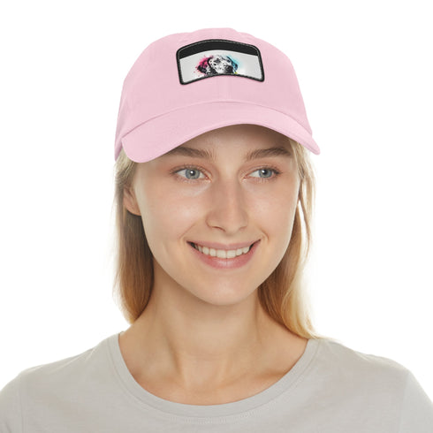 Dalmatian graphic baseball hat in white with light brown patch detail.