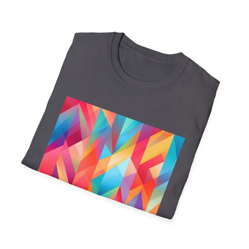 Summer embrace crew neck charcoal T-shirt with abstract geometric patterns