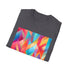 Summer embrace crew neck charcoal T-shirt with abstract geometric patterns