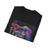 Psychedelic charcoal T-shirt with colorful mushroom design and crew neck