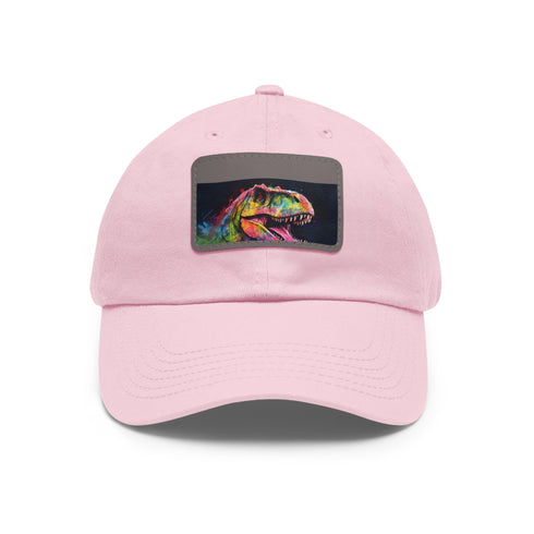 Watercolor neon baseball cap with Trex design on white patch.