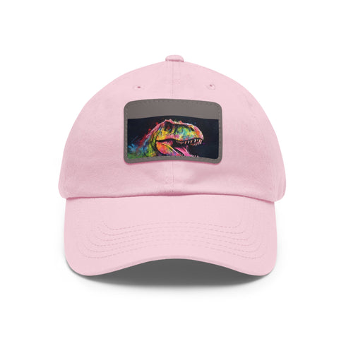 Bright neon watercolor dinosaur baseball cap with light brown patch.