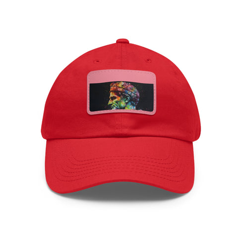 Vibrant white baseball cap with neon watercolor design, light brown patch.