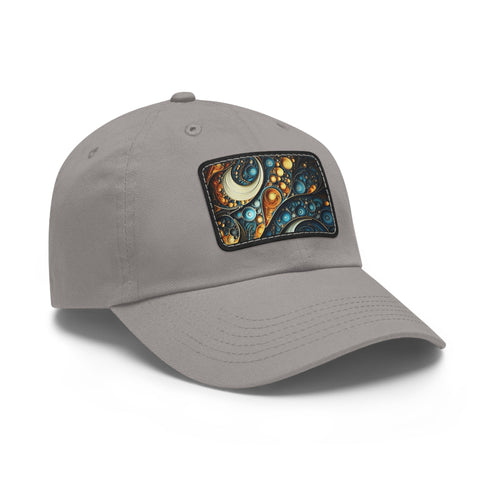White baseball cap with light brown patch, unique fractal fusion pattern.