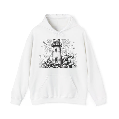 Hand-drawn navy coastal lighthouse hoodie for all explorers.