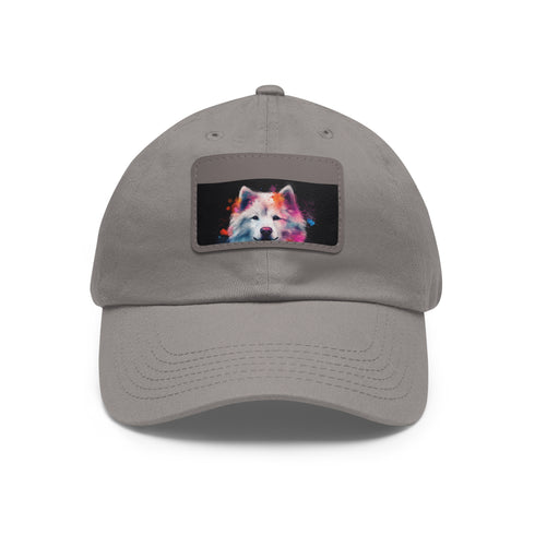 White cotton baseball cap with light brown rectangle patch for dog lovers.