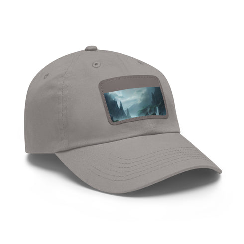 White baseball cap with mystic landscape design for adventurers.