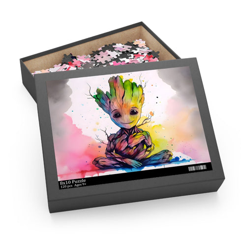 Vibrant watercolor neon Baby Groot jigsaw puzzle for Guardians fans.