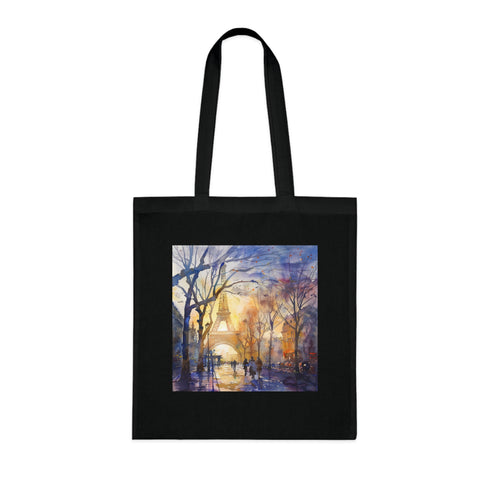Eiffel Tower Watercolor Souvenir Tote Bag in Black Cotton.