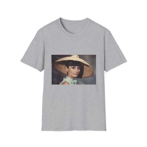 Charcoal crew neck cotton t-shirt featuring vintage Audrey Hepburn graphic