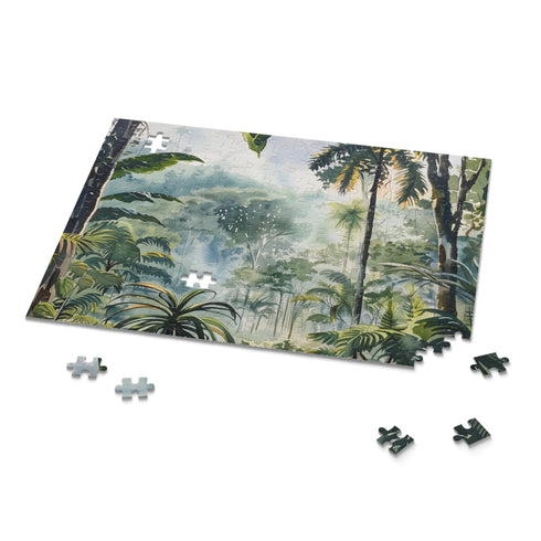 Colorful Congo rainforest watercolor puzzle with lush greenery and wildlife detail.