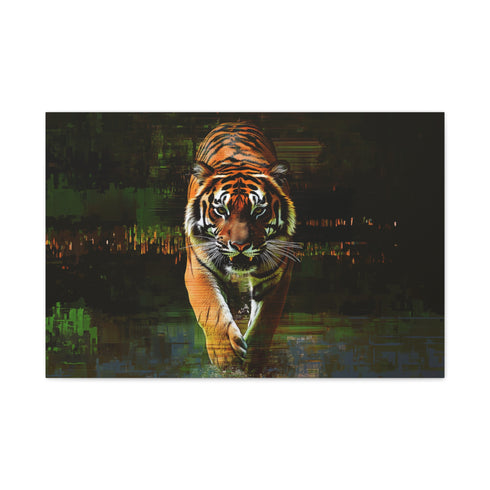 Tiger Emerging from Digital Glitch Stretched Canvas Wall Art