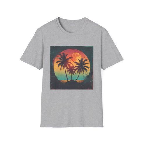Retro sunset palm tree t-shirt in charcoal cotton blend, crew neck.