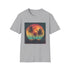 Retro sunset palm tree t-shirt in charcoal cotton blend, crew neck.