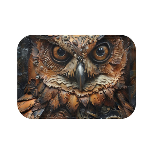 Steampunk owl-themed bath mat - industrial gears and cogs design.
