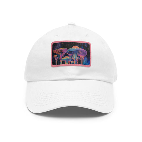 White vegan cotton hat with psychedelic mushroom design.