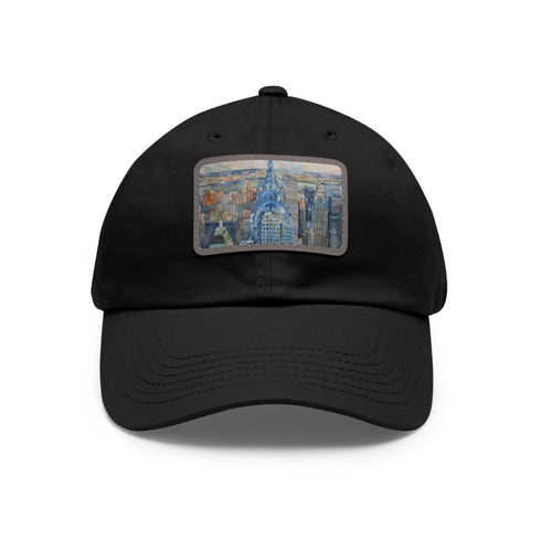 White cotton baseball cap with Chrysler Building watercolor design.
