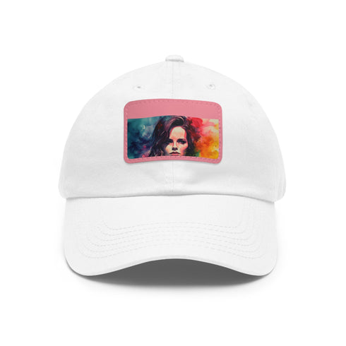 Neon watercolor baseball cap with light brown patch, hand-painted by Kate Beckinsale.