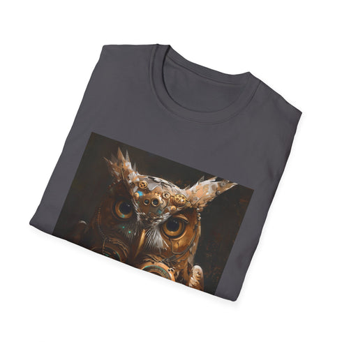 Steampunk owl charcoal crew neck cotton t-shirt featuring intricate gear details