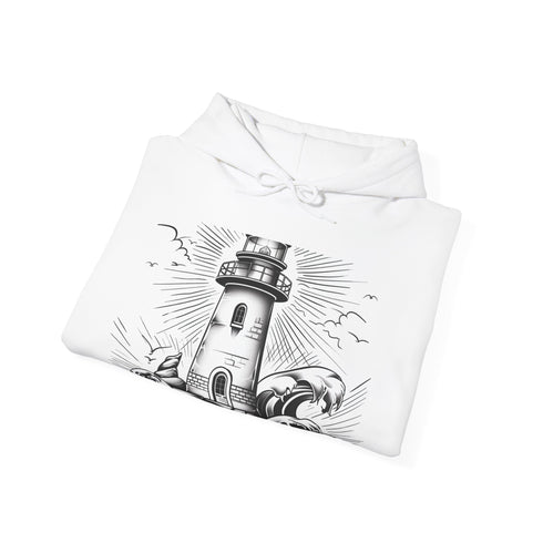Hand-drawn navy lighthouse hoodie for men and women.