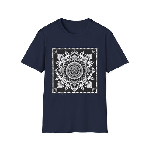 Serene Mandala Charcoal T-Shirt with intricate inner peace design.