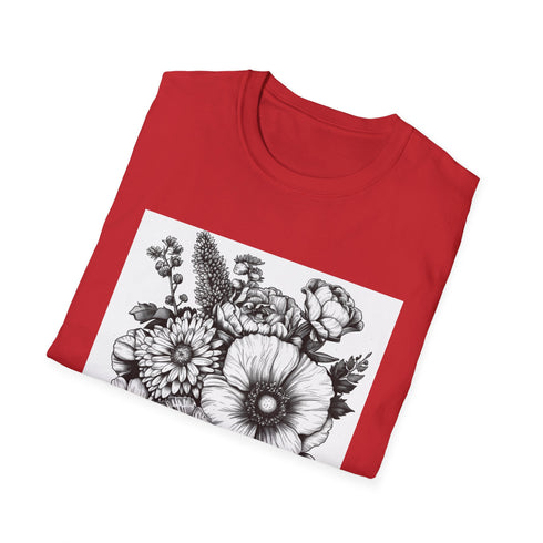 Hand-drawn floral charcoal T-shirt with vibrant botanical pattern and crew neck