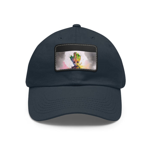 Neon watercolor Baby Groot baseball cap with white patch and rectangle shape.
