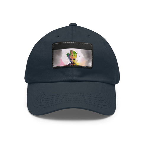 Neon watercolor Baby Groot baseball cap with light brown patch.