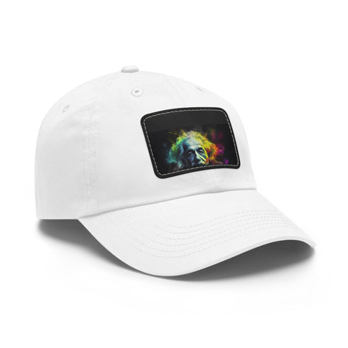 Vibrant neon baseball cap with colorful watercolor Einstein portrait.