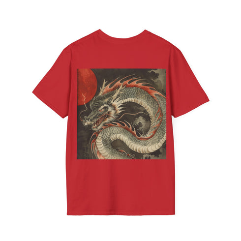 Japanese dragon t-shirt, charcoal cotton crew neck, bold, fierce design.