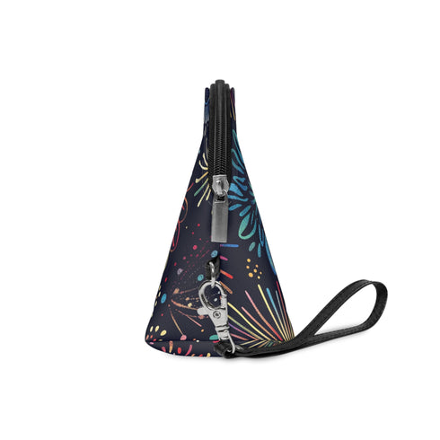 Colorful festive fireworks makeup bag with zipper for cosmetics and travel.