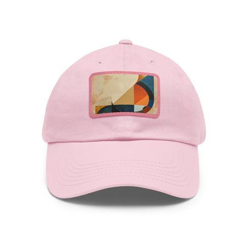 Abstract geometric white baseball cap with light brown rectangle patch.
