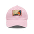 Abstract geometric white baseball cap with light brown rectangle patch.