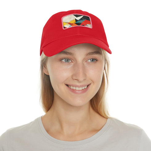 Geometric design white cotton baseball cap with light brown rectangle patch.