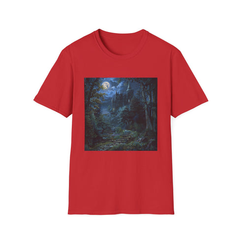 Charcoal cotton T-shirt with moonlit castle forest design for fantasy lovers