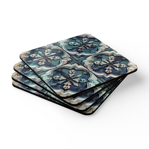 Artisan corkwood coasters with handmade tiles in seamless pattern.