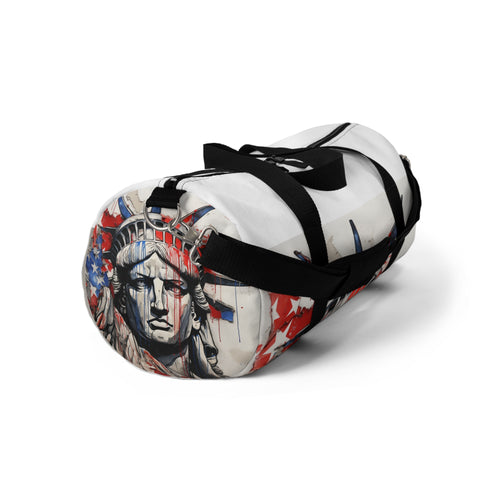 Colorful American flag duffel bag with unique line drawing design.