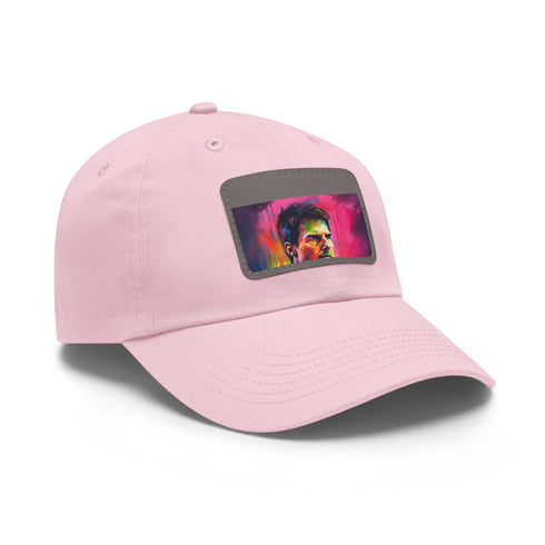 Neon watercolor baseball cap in white with light brown patch.