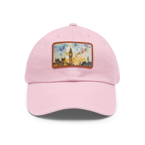 London Skyline Watercolor Baseball Cap in White with Light Brown Rectangle Patch
