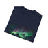 Charcoal cotton T-shirt with vibrant aurora borealis landscape design