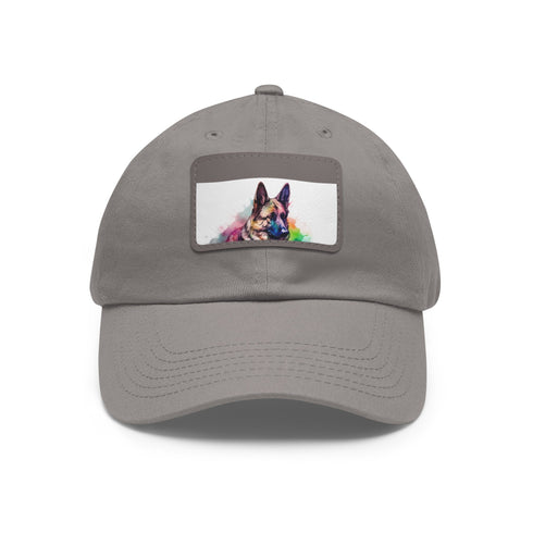 German Shepherd themed white cotton unisex baseball cap with light brown patch.