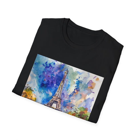 Parisian Skyline Watercolor Eiffel Tower T-Shirt Charcoal for Men.