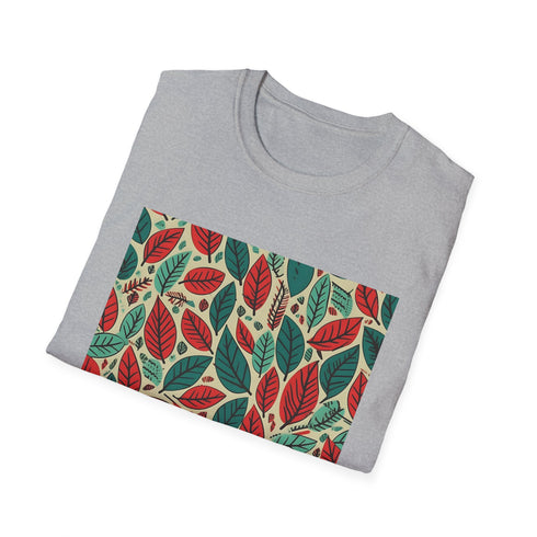 Charcoal T-shirt with autumn leaf patterns and warm hues in cotton
