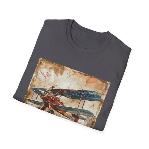 Vintage airplane T-shirt charcoal cotton crew neck with travel-inspired design